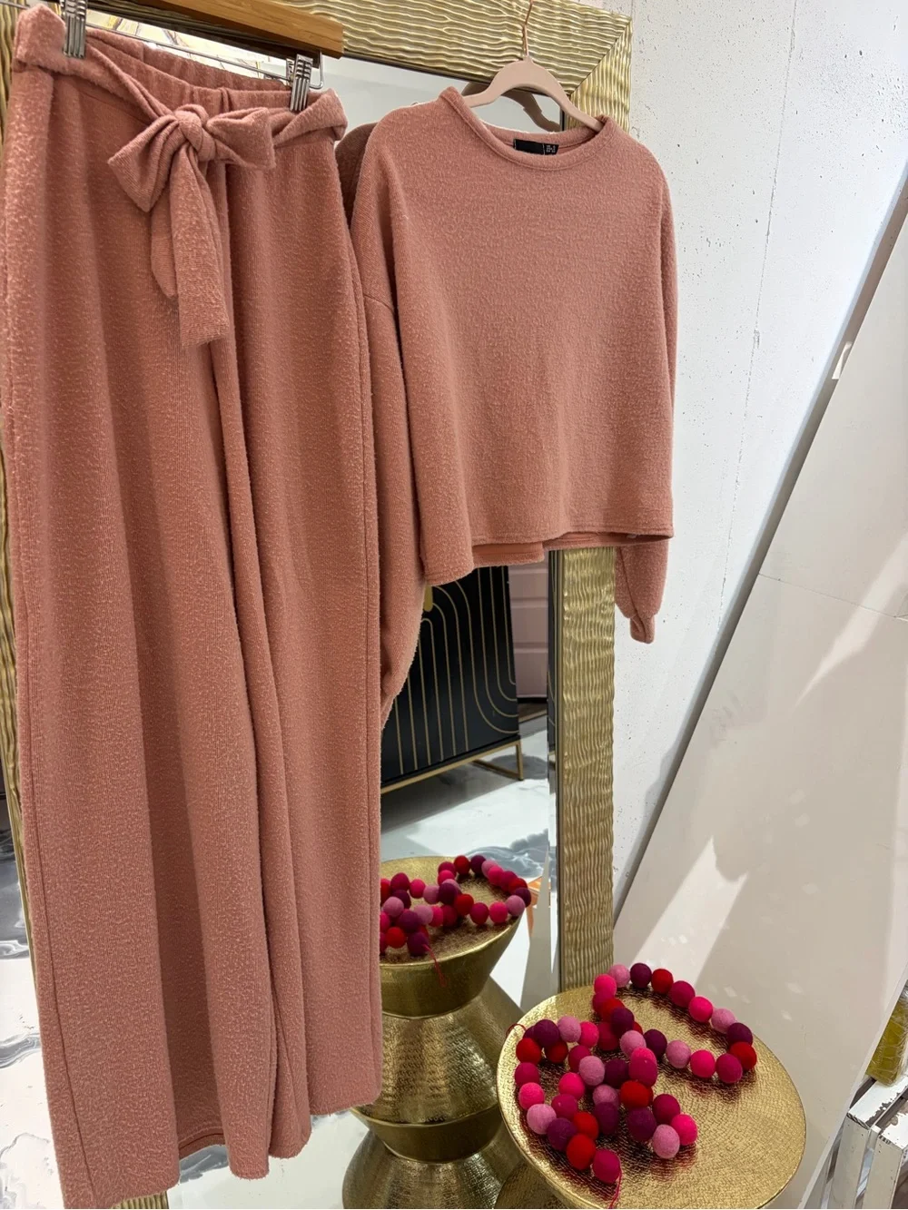 Nasty Gal Blush Pink Ribbed Wide-Leg Pants & Pullover Set